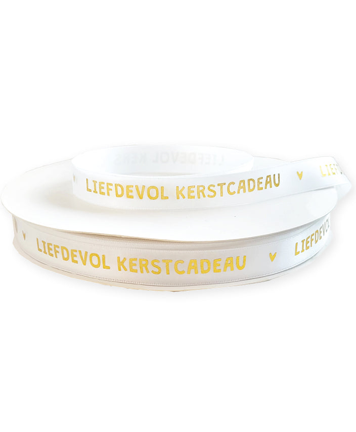 Satijnlint; Liefdevol kerstcadeau - Wit/Goud - 3 meter